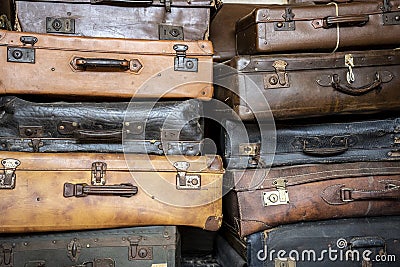 Suitcases of people sent to concentration camps - Pile of baggage, suitcases and bags from the victims of holocaust - memory Editorial Stock Photo