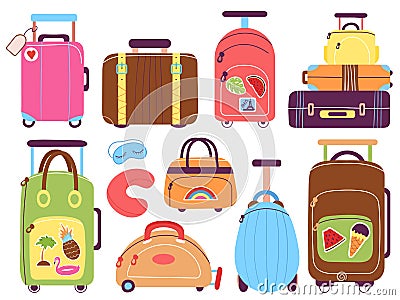 Suitcases. Trip luggage, cartoon suitcase pack. Traveler stuff, tourism and vacations. Travelling bags, backpacks for Vector Illustration