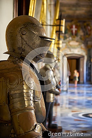 The suits of armour in the Grandmaster`s Palace. Valletta. Malta Editorial Stock Photo