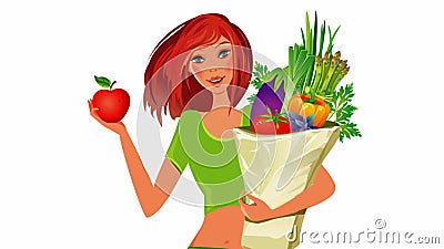 Suivez un régime le concept Nourriture saine Fille avec le sac plein de la nourriture saine illustration de vecteur Suivez un régime le concept Nourriture saine Fille avec le sac plein de la nourriture saine illustration de vecteur
