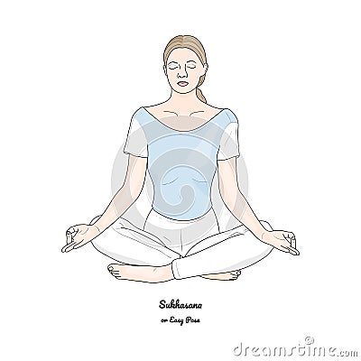 Sukhasana or Easy Pose with Chin Mudra. Yoga Practice. Vector Vector Illustration