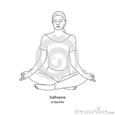 Sukhasana or Easy Pose with Chin Mudra. Yoga Practice. Vector Vector Illustration