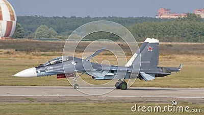 Sukhoi Su-30 Flanker of Russian Navy supersonic fighter jet aircraft. Copy space Editorial Stock Photo