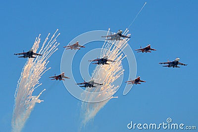 Sukhoi Su-27 and Mikoyan MiG-29 of Russian Air Force during Victory Day parade. Editorial Stock Photo