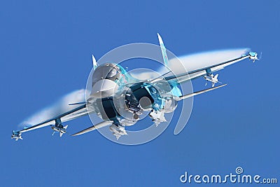 Sukhoi Su-34 38 RED of russian air force perfoming demonstration flight in Zhukovsky during MAKS-2015 airshow. Editorial Stock Photo