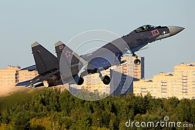 Sukhoi Su-35 RF-95242 of russian air force perfoming demonstration flight in Zhukovsky during MAKS-2015 airshow. Editorial Stock Photo