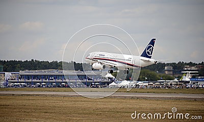 Demonstration flight of Sukhoi Superjet 100, International aviation and space salon (MAKS). Editorial Stock Photo