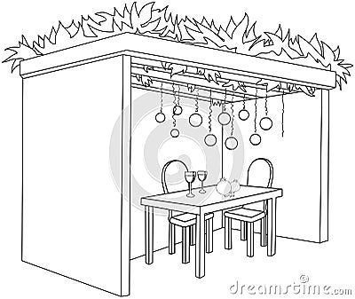 Sukkah For Sukkot With Table Coloring Page Vector Illustration