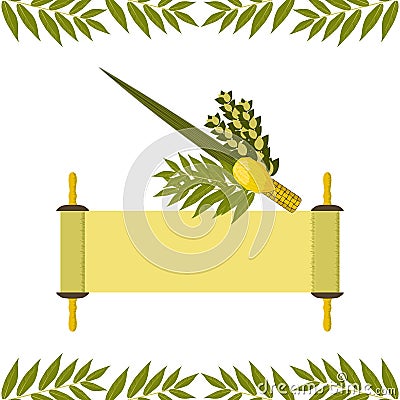 Sukkot. Judaic holiday. Traditional symbols - Etrog, lulav, hadas, arava. Torah scroll. Stock Photo