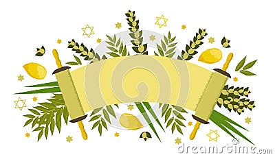 Sukkot, Simchat Torah. Judaic holiday. Etrog, lulav, hadas, arava. Torah scroll. Vector Illustration