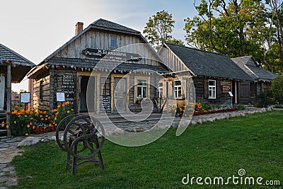 Berezovich house and shop in park of interactive history Sula. Sula village, Minsk region, Editorial Stock Photo