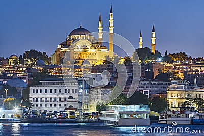 Suleyman mosque by night. Istanbul pictuesque cityscape. Golden horn. Turkey Stock Photo