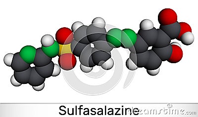 Sulfasalazine molecule. It is azobenzene, used in the management of inflammatory bowel diseases. Molecular model. 3D rendering Stock Photo