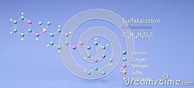 sulfasalazine molecule, molecular structures, sulfonamides, 3d model, Structural Chemical Formula and Atoms with Color Coding Stock Photo