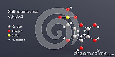 sulfoquinovose molecule 3d rendering, flat molecular structure with chemical formula and atoms color coding Stock Photo
