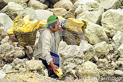 Sulfur Miner at Kawah Ijen Crater in Java, Indonesia Editorial Stock Photo