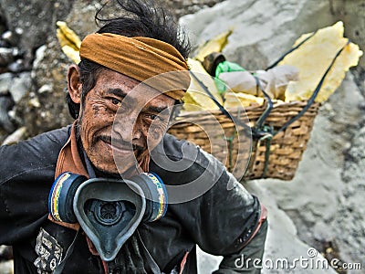 Sulfur Miner at Kawah Ijen Volcano Editorial Stock Photo