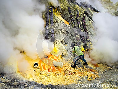 Sulfur Miner at Work Inside Crater of Kawah Ijen, Indonesia Editorial Stock Photo