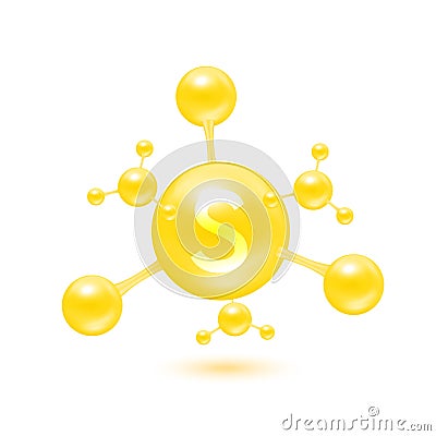 Sulfur mineral in the form of atoms molecules yellow glossy. Sulfur icon 3D isolated on white background. Minerals vitamins Vector Illustration
