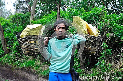 The sulfur miners from Mount Idjen Editorial Stock Photo