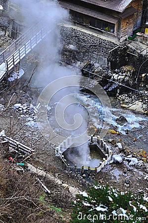 Sulfur vent at Yudanaka ryokan , Japan Stock Photo