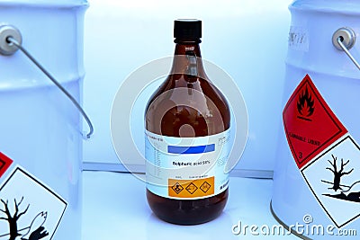 Sulfuric acid in bottle, chemical in the laboratory Stock Photo