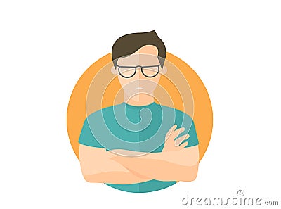 Sullen and gloomy handsome man in glasses, offended guy. Flat design icon. Morose, moody emotion. Simply editable isolated on whit Vector Illustration