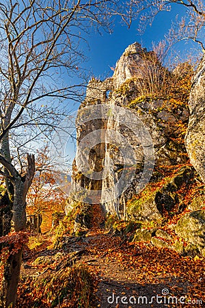 The Sulov castle ruin at autumn morning Stock Photo