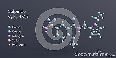 sulpiride molecule 3d rendering, flat molecular structure with chemical formula and atoms color coding Stock Photo