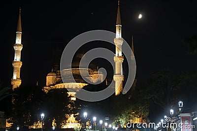 Sultan Ahmet Mosque night shoot in the moonlight. Street Lights Editorial Stock Photo