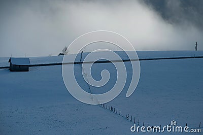 Sulzberg, Austria - February 2, 2020: Panoramic winter view. Foggy weather Editorial Stock Photo