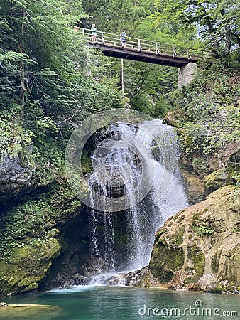Sum Falls in the Vintgar Gorge or Bled Gorge - Bled, Slovenia Triglav National Park - Der Wasserfall Sum am Ende der Vintgar Editorial Stock Photo