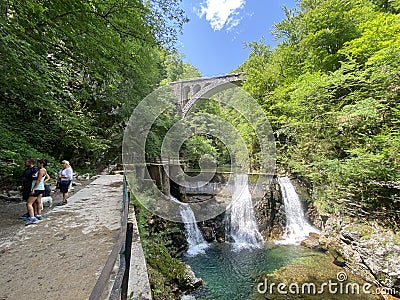 Sum Falls in the Vintgar Gorge or Bled Gorge - Bled, Slovenia Triglav National Park - Der Wasserfall Sum am Ende der Vintgar Editorial Stock Photo