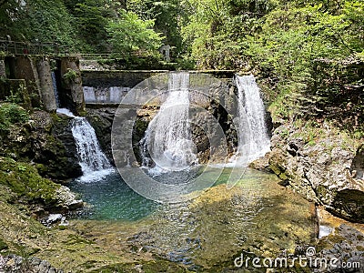 Sum Falls in the Vintgar Gorge or Bled Gorge - Bled, Slovenia Triglav National Park - Der Wasserfall Sum am Ende der Vintgar Stock Photo