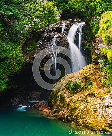 Sum Waterfall on the Radovna River in Vintgar Gorge Stock Photo