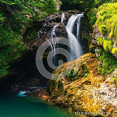 Sum Waterfall on the Radovna River in Vintgar Gorge Stock Photo