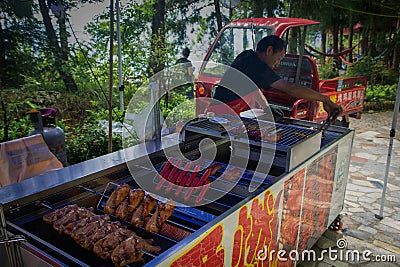 A mobile vendor of grilled meat. Editorial Stock Photo