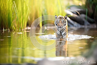 sumatran tiger near a calm stream under sunlight Stock Photo