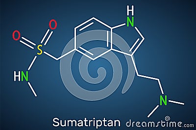 Sumatriptan molecule. It is serotonin receptor agonist used to treat migraines, headache. Structural chemical formula on the dark Vector Illustration