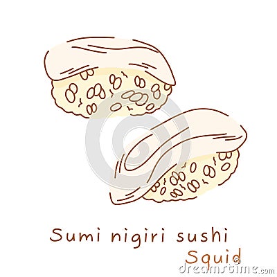 Sumi nigiri sushi. Squid on boiled sushi rice. Side and three-quarter view. Vector Illustration