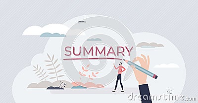 Summary as compact text essence and final conclusion tiny person concept Vector Illustration