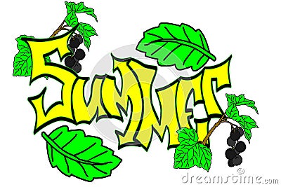 The inscription `summer` written in a unique author`s font with leaves and berries on a white background. Vector Illustration