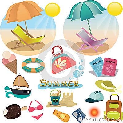 Set of summer icons. Vacation in vector. Stock Photo