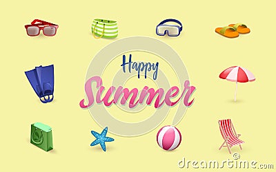 Summer accessories vector banner template. Summertime vacation symbols set. Cartoon beach umbrella, deckchair Vector Illustration