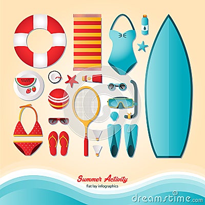 Summer activity, flat lay infographics Vector Illustration