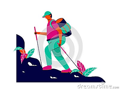 Hiker with his backpack and walking sticks hiking on mountain Vector Illustration