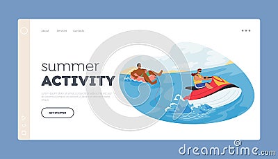 Summer Activity Landing Page Template. Man Character Riding Water Tube, Soaring Over Waves, Feeling Rush Of Wind Vector Illustration