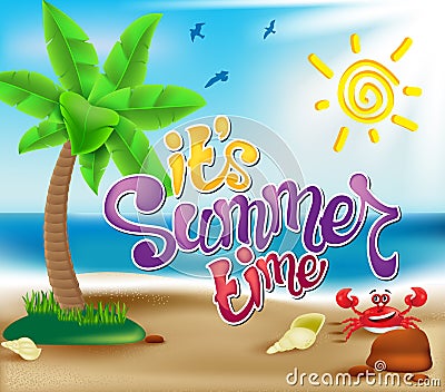 Summer Adventure in a Beach by the Seashore under the Colorful Sunny Day Vector Illustration