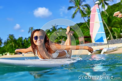 Summer Adventure. Water Sports. Woman Surfing In Sea. Travel Vac Stock Photo