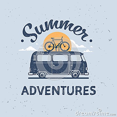 Summer adventures surf bus bike retro surfing vintage greeting card with lettering template poster flat Vector Illustration